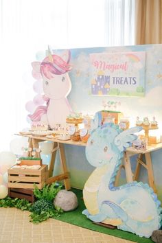 Mythical Creatures Birthday Party, Dragons And Unicorns, Dragons And Unicorns Birthday Party, Magical Creature Birthday Party, Unicorns And Dragons Party, Dinosaurs And Unicorns Party, Unicorn And Dinosaur Party Decorations, Magical Creatures Birthday Party, Unicorns And Dragons Birthday Party