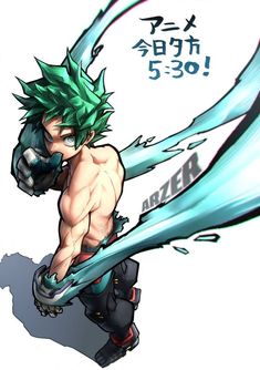 an anime character with green hair and blue wings