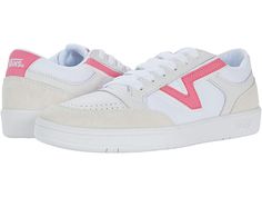 Vans Lowland CC - Shoes : (Court) True White/Pink Lemonade : New for this season, the Vans Leather Lowland CC is a 90's retro skate-inspired silhouette that features a slim profile and a ComfyCush outsole. Made with sturdy leather uppers and carrying a heritage Flying-V Vans logo, this style has a familiar, but exciting, new look. Traditional lace-up closure. Vulcanized outsole. Imported. Measurements: Weight: 10 oz Product measurements were taken using size Men's 8.5, Women's 10, width Medium. Retro Skate Shoes For Skateboarding In Spring, Retro Rubber Sole Skate Shoes For Spring, Retro Skate Shoes With Rubber Sole For Spring, Spring Retro Skate Shoes With Rubber Sole, Leather Skate Shoes With Gum Sole For Spring, Retro Skate Shoes For Spring Streetwear, Retro Spring Skate Shoes For Streetwear, Spring Skate Shoes With Vulcanized Sole, Retro Vans Skate Shoes For Skateboarding