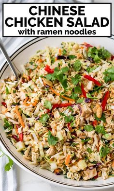 chicken salad with ramen noodles in a white bowl