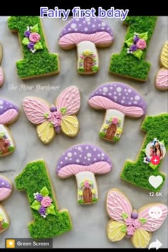 decorated cookies are arranged in the shape of letters and numbers for fairy birthday party favors