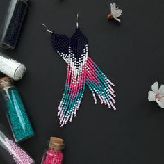 Серьги темно-синие и ярко-розовые Серьги из бисера - Etsy Украина Bohemian Pink Beaded Earrings With Tiny Beads, Pink Beaded Fringe Earrings For Beach, Bohemian Pink Dangling Beads, Pink Bohemian Dangling Beads, Pink Bohemian Beads With Dangling Details, Bohemian Pink Beaded Earrings With Fringe, Bohemian Pink Beaded Dangle Necklaces, Pink Bohemian Beaded Dangle Necklaces, Beadwork Earrings