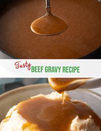 a spoon is pouring gravy over mashed potatoes in a skillet and then being drizzled with gravy