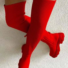 Heals Shoes, Red Thigh High Boots, Women's Over The Knee Boots, How To Stretch Boots, Womens Knee High Boots, Round Toe Heels, Eye Contact, Knit Stitch, Thick Heels