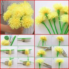 how to make flowers out of yarn and plastic forks with pictures on the side, including instructions for making dandelions