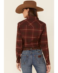 Panhandle Women's Plaid Floral Embroidered Yoke Long Sleeve Western Shirt, Burgundy Western Long Sleeve Workwear Tops, Western Style Long Sleeve Workwear Tops, Fitted Brown Shirt, Western Style Workwear Shirt For Fall, Cowgirl Stuff, Western Top, Western Tops, Western Shirt, Long Maxi