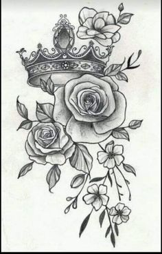 a rose with a crown on it and some flowers around the edges is drawn in pencil