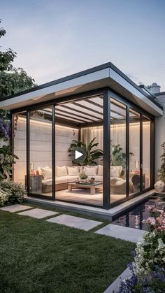 a glass house with an open patio and living room in the back ground, surrounded by greenery