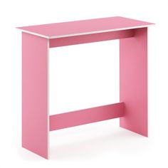 a pink desk with an open shelf on the top and one drawer at the bottom