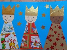 three children's paper dolls with crowns on their heads and stars in the background