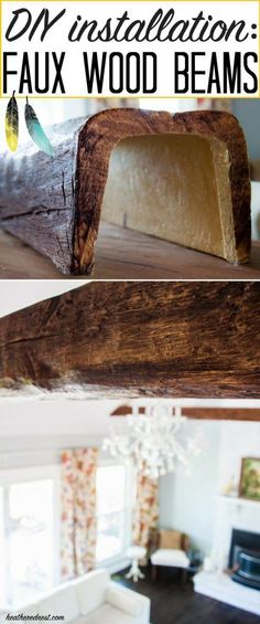 an old wood beam is being used as a fireplace mantel