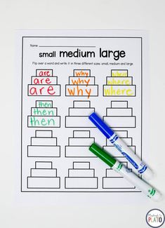 the small medium large printable worksheet is shown with two markers on it