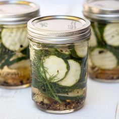 three mason jars filled with pickled cucumbers and herbs