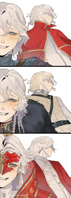 two panels of the same character in different poses, one with white hair and another with blonde hair