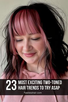 Pastel Pink Black Two-Toned Hair To Tone Hair Color, Work Appropriate Dyed Hair, Highlight Bangs Only, Peekaboo Hair Color Ideas For Blondes, Partial Fashion Color Hair, Dark Underlayer Hair, Split Color Hair Ideas, Edgy Color Block Hair, Hair Panels Colored