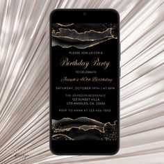 a black and gold birthday party card with an image of a cell phone on it