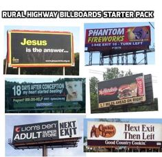 several billboards are shown with the words jesus is the answer and other signs below