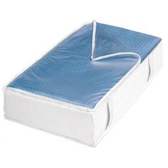 a blue and white mattress with a cover on the bottom, sitting in front of a white background