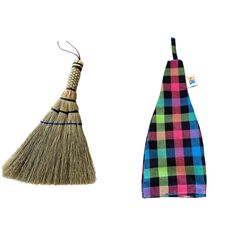 two different types of brooms are shown in this image, one is multicolored and the other has a checkered design