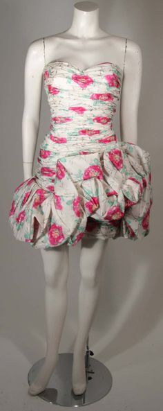 For Sale on 1stDibs - This Ungaro cocktail dress is composed of a white silk taffeta with a floral design of pink and green with silver branches. This cocktail dress features Silver Cocktail Dress, Green Floral Design, Silk Cocktail Dress, Silk Floral Dress, Silk Taffeta, Country Outfits, White Silk, Silk Dress, One Shoulder Formal Dress