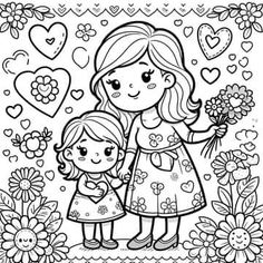 two girls with flowers and hearts in the background, coloring book page for adults or children