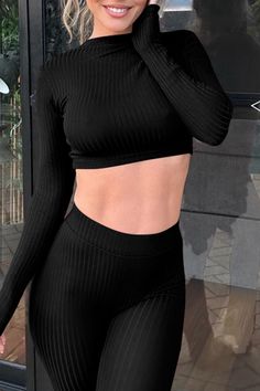 Black Casual Solid Basic O Neck Long Sleeve Two Pieces Black High Stretch Crop Top For Winter, High Stretch Black Crop Top For Winter, Black Non-stretch Ribbed Top, Non-stretch Ribbed Black Tops, Fitted Black Crop Top For Winter, Winter Black Ribbed Crop Top, Black Long Sleeve Crop Top For Workout, Black Ribbed Crop Top For Fall, Fall Ribbed Black Crop Top