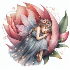 a painting of a fairy sleeping on a flower with her eyes closed and hands behind her head