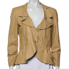 Authentic Emporio Armani Blazer Ruffle Embellished Beige Nude Leather Jacket Button Clousers Size 12 Excellent Preowned Condition, Worn Once No Scuffs Or Discoloration. Selling Only Because A Little Bit Too Tight For Me Bust 37", Waist 33", Length 25," Sleeve 25.5 All Measurements Are Approximate Come From Clean Home, Pet Free, Smoke Free Beige Leather Jacket, Armani Blazer, Armani Jacket, Clean Home, Jacket Buttons, Emporio Armani, Tights, Size 12, Jackets & Coats