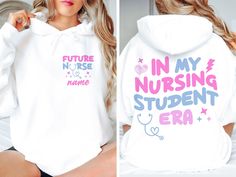 Custom Nursing Shirt, Personalized Nurse Sweatshirt, In My Nursing Student Era Hoodie, Nursing School Shirt, Custom Future Nurse Shirt, R175 ♥️ WELCOME ♥️ Looking for super soft, comfy, and high-quality clothes for your special days or loved ones? You've come to the right place! We absolutely love what we do and are dedicated to making your shopping experience just perfect. If you have any questions about our products, don't hesitate to reach out. We're here to help and will get back to you as s White Short Sleeve Hoodie With Letter Print, White Pre-shrunk Hooded Top, White Text Print Hoodie Tops, White Text Print Hoodie, Nursing School Shirt, Nursing School Shirts, Nursing Shirt, Hoodie Personalized, Nursing Hoodie