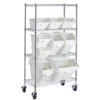 four tiered shelving unit with bins and wheels on each side, white