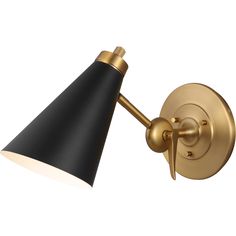 a black and gold wall light with a white shade on the side, against a white background