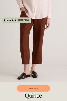 Whether you're heading to the office, out for brunch with friends, or lounging at home, the 100% European Linen Tapered Ankle Pant is the perfect choice. Made from high-quality sustainability grown linen, these pants are lightweight, breathable, and oh-so-comfortable. The tapered design flatters your figure and elongates your legs, creating a slimming effect that is both stylish and flattering. The pants are versatile enough to be paired with anything from a basic tee to a dressy blouse, making them the perfect closet staple. Looking for our original Linen Pant? Check it out here.  | Quince | Women's 100% European Linen Tapered Ankle Pants in Chocolate, Size Large Ankle Pants Women, Linen Pant, Perfect Closet, Dressy Blouse, European Linens, Black Sand, Basic Tee, Linen Women, Ankle Pants