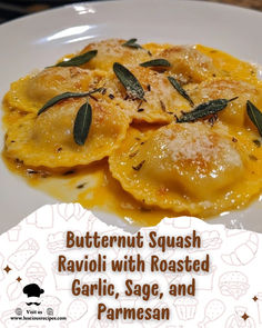 butternut squash ravioli with roasted garlic, sage and parmesan on a white plate