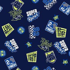 blue and yellow racing stickers on a dark background with the words'super race '