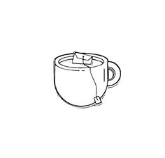 a black and white drawing of a coffee cup with a handle on the side, in front of a plain background