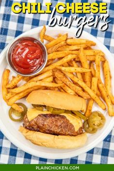 grilled cheeseburger with fries and ketchup on the side