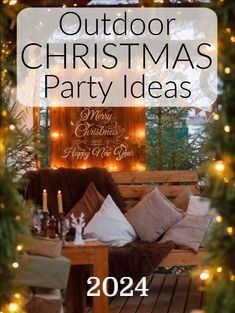 an outdoor christmas party with lights on the trees and couches in front of it