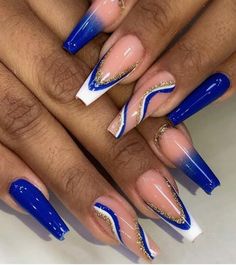 Blue Ombre Nails Coffin, Nail Designs For Graduation, Blue Coffin Nail Ideas, Purple And Blue Nails, Sorority Nails, Crazy Acrylic Nails, Powder Blue Nails, Royal Blue Nails Designs, Coffin Ombre