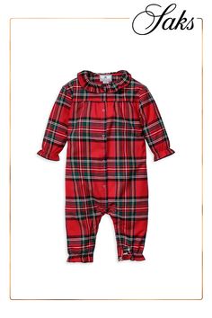 A classic tartan plaid pattern adorns Petite Plume's twill Madeline coverall with a ruffled neckline. Roundneck Long sleeve Button front 50% cotton/50% modacrylic Machine wash Imported Ruffled Neckline, Tartan Plaid, Plaid Pattern, Tartan, Apparel Accessories, Jumpsuit Romper, Jumpsuit, Plaid