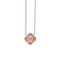 "Lasercut Clover Necklace Pendant Dimensions: 11.92mm x 11.92mm (0.47mm x 0.47mm) Available Lengths: 16\" or 18\" Available Metals: 14KY, 14KR, 14KW, Platinum Made to order, please allow up to 10 days for delivery. For rush order requests and in-stock availability, please contact shop directly." Elegant Rose Gold Filigree Necklace, Classic Rose Gold Diamond Necklace, 14k Gold Rose Gold Filigree Necklace, Rose Gold Filigree Necklace In 14k Gold, Rose Gold 14k Gold Filigree Necklace, Classic Rose Gold Pendant Necklace, Formal Rose Gold Necklaces With Flower Pendant, Formal Rose Gold Necklace With Flower Pendant, Glen Cove