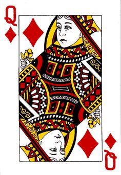 the queen of spades playing card on a white shower curtain with red and yellow accents