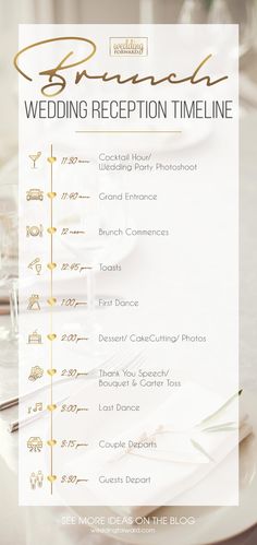 a menu for a wedding reception with gold lettering on it and white plates, silverware and napkins