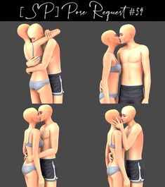 three different poses of a man and woman kissing each other with their arms around one another