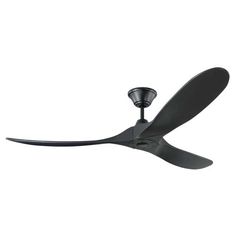 a black ceiling fan with a light on the top and blades down to it's sides