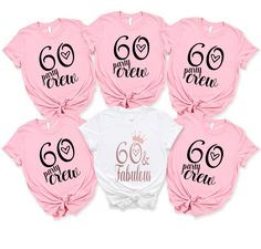 six pink and white shirts with the number 60 on them, all in different styles