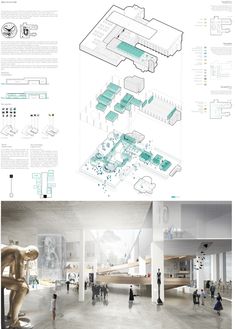 an architectural diagram shows the inside and outside of a building with people walking around it