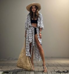 Olivia Mark - Monochrome Tie-Dye Cardigan Beach Dress: Versatile Bikini Cover-Up, Swimwear Outerwear, and Sun Protection Garment - Perfect for Vacations Beach Wrap Dress, Vacation Skirts, Beach Cardigan, Swimsuit Wrap, Sunscreen Clothing, Tie Dye Cardigan, Holiday Skirts, Resort Outfit, Resort Dresses