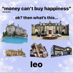 there are many different houses and buildings in the picture with words below them that read money can't buy happiness ok, then what's this leo