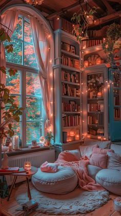 a living room filled with lots of furniture next to a window covered in bookshelves