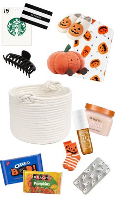 the contents of a halloween treat including candy, candies, and other items are arranged on a white background